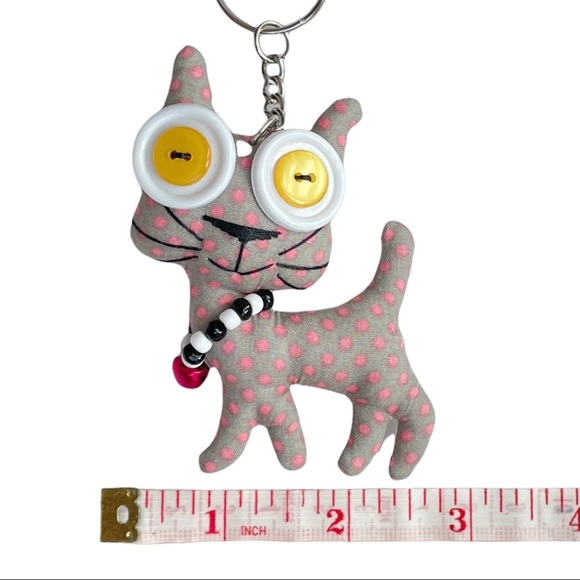 Handmade Gray & Pink Polka Dot Kitty Cat Keychain Purse Charm - Picture 4 of 6